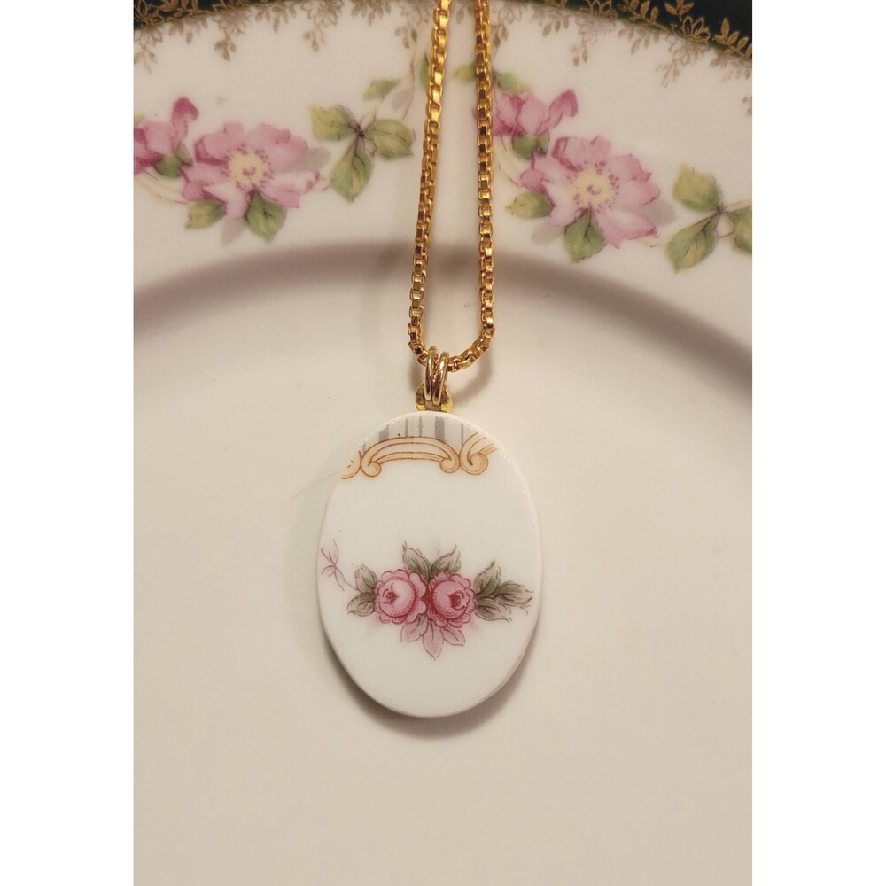 Broken China "Noritake Double Rose" Handcrafted Pendant Necklace